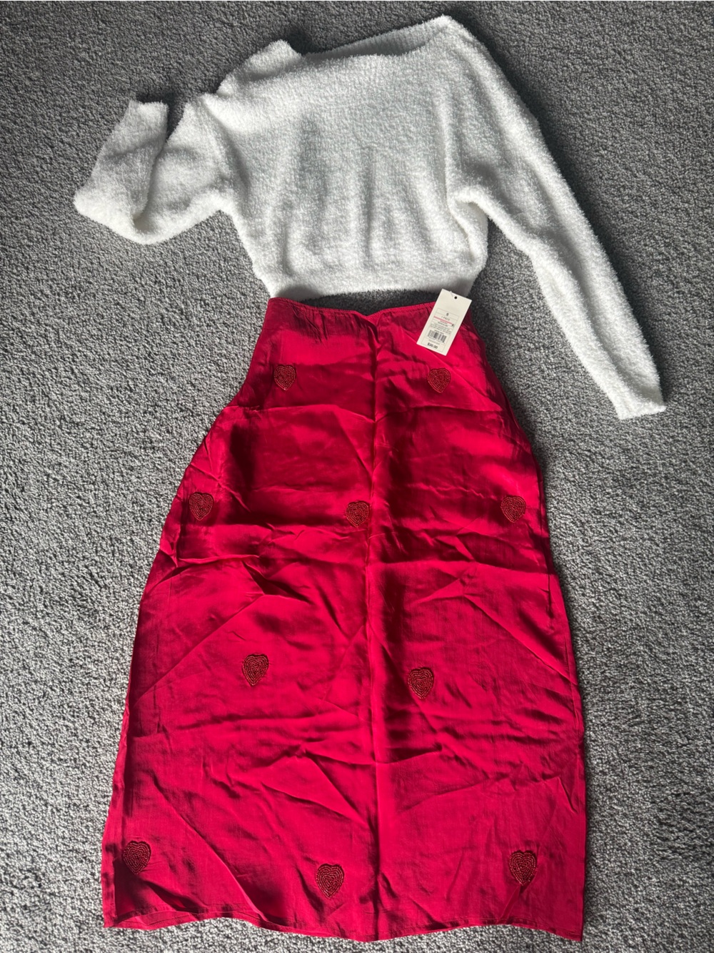 A New Day Red Embroidered Heart Midi Skirt